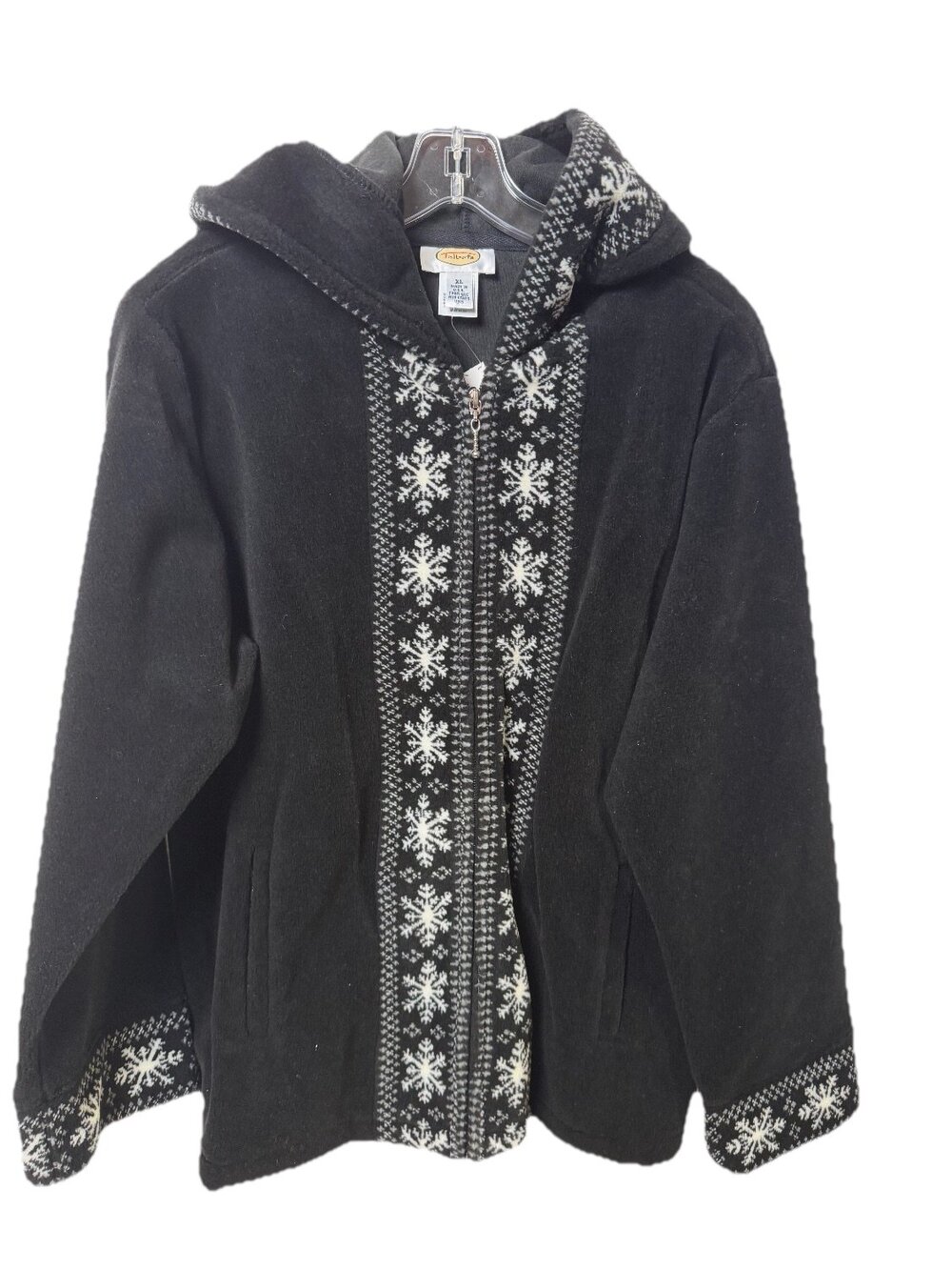 Talbots Fleece Jacket Womens Black Snowflake Fair Isle Trim Hooded Full Size XL